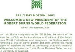 A copy of the Early Day Motion submitted by Dr Whitford MP Congratulating Bill Nolan on Installation as RBWF President