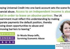 Infographic on Universal Credit and Financial Abuse quoting the charity Surviving Economic Abuse and picturing Dr Whitford